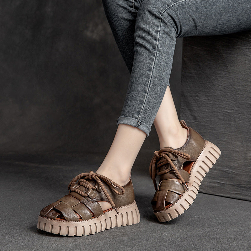 Stylish Summer Casual Plaid Soft Genuine Leather Platform Sandals