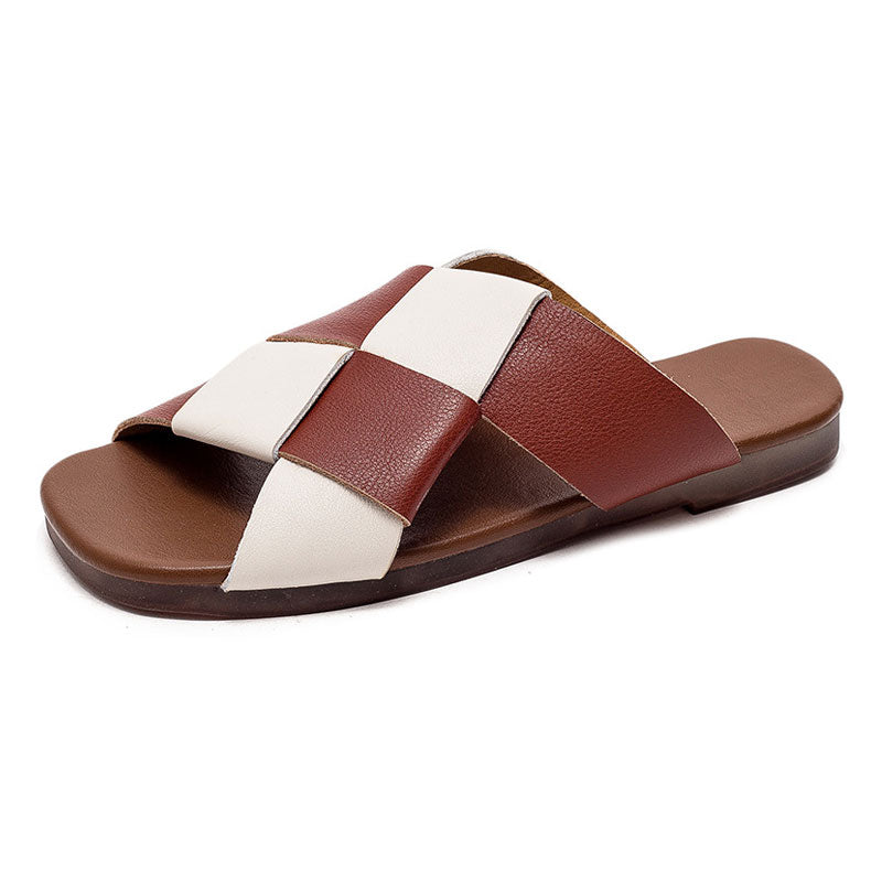 Women's Genuine Leather Flat Bottom Slides Woven Color Matching Sandal